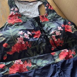Lalagen Black Floral Lace-Up One-Piece Swimsuit with Red & Pink Blooms